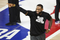 Los Angeles Lakers forward LeBron James (23) warms up before a NBA basketball game against the Indiana Pacers, Saturday, Aug. 8, 2020, in Lake Buena Vista, Fla. (Kim Klement/Pool Photo via AP)