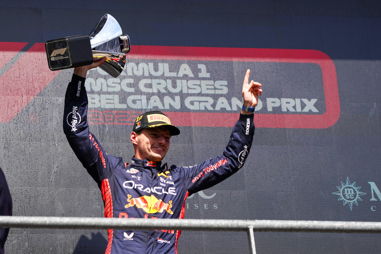 Max Verstappen of Netherlands driving the (1) Oracle Red Bull Racing RB19 Honda RBPT on the podium celebrate the win during the Formula 1 MSC Cruises Belgian Grand Prix 2023 on July 30th, 2023 in Francorchamps, Belgium. (Photo by Alessio Morgese/NurPhoto via Getty Images)