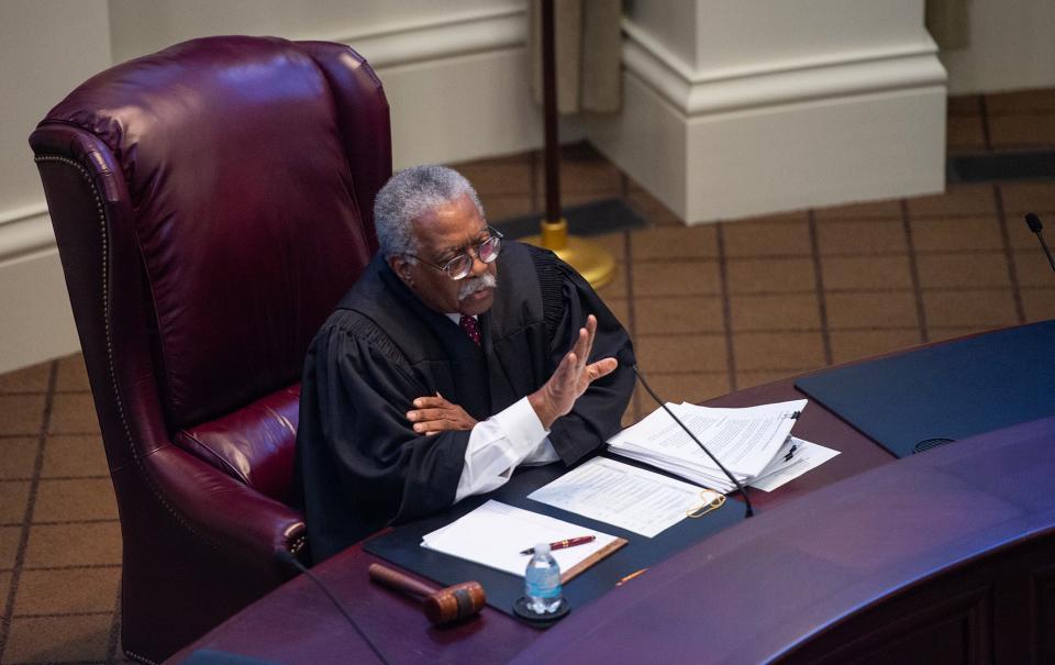 Presiding Justice Leslie D. King asks a question during the oral arguments for Midsouth Association of Independent Schools et. al. vs. Parents for Public Schools at the Mississippi Supreme Court in Jackson on Tuesday.