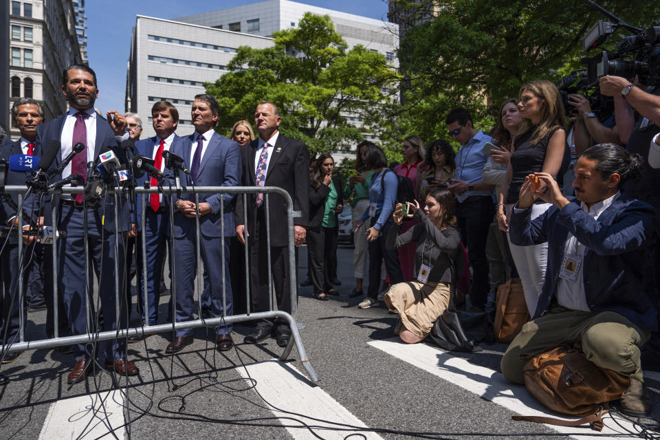 Donald Trump Jr. speaks outside Manhattan criminal court, Tuesday, May 21, 2024, in New York. (AP Photo/Julia Nikhinson)