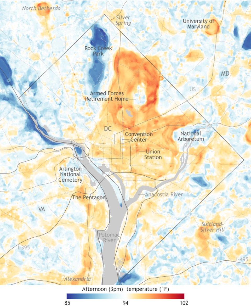 The urban heat island effect in Washington, D.C., on Aug. 28, 2018. <a href="https://www.climate.gov/news-features/features/detailed-maps-urban-heat-island-effects-washington-dc-and-baltimore" rel="nofollow noopener" target="_blank" data-ylk="slk:NOAA Climate.gov;elm:context_link;itc:0;sec:content-canvas" class="link ">NOAA Climate.gov</a>