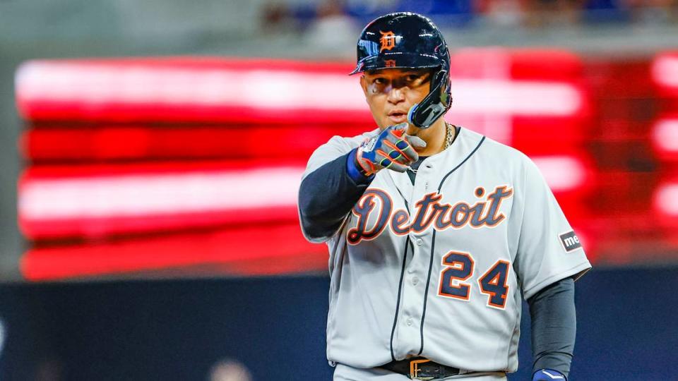 Detroit Tigers designated hitter Miguel Cabrera (24) points towards the Tigers dugout after advancing to second base in the second inning against the Miami Marlins at loanDepot park in Miami on Saturday, July 29, 2023.