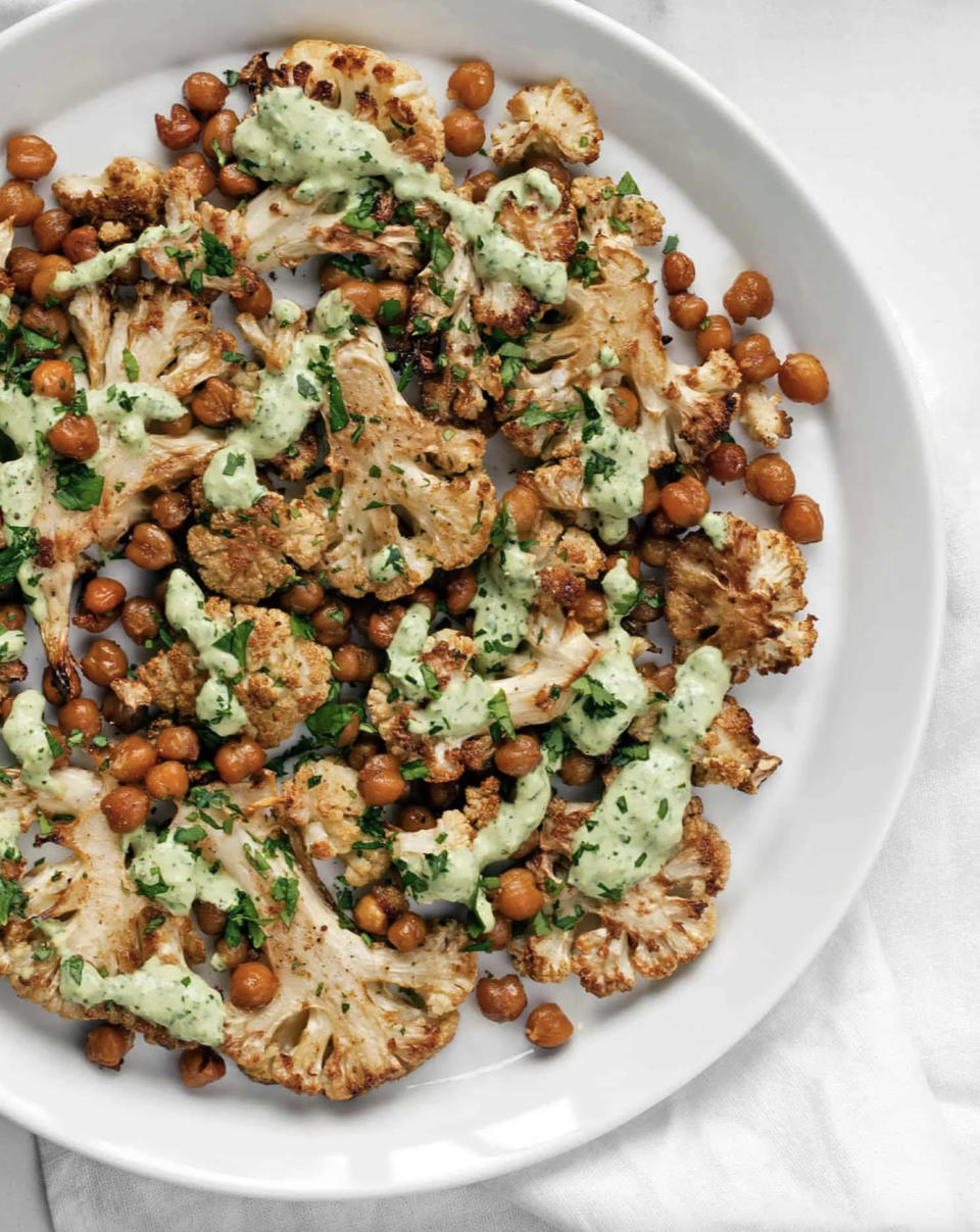 Roasted cauliflower and chickpeas on a plate