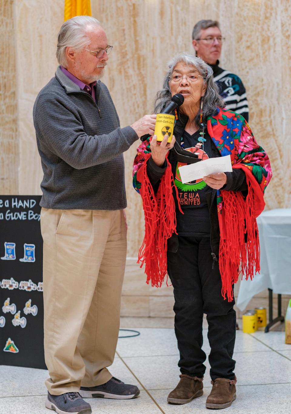 Elder Kathy Sanchez of San Idelfonso Pueblo participates in a demonstration marking the 10-year anniversary of an accidental radiological release at the Waste Isolation Pilot Plant, Feb. 14, 2024 at the New Mexico Capitol in Santa Fe.