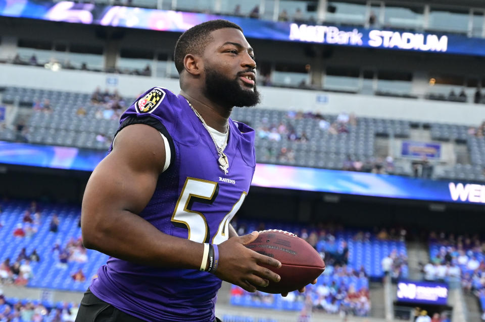 Aug 27, 2022; Baltimore, Maryland, USA; Baltimore Ravens linebacker Tyus Bowser (54) runs across the field during the first quarter against the Washington Commanders at M&T Bank Stadium. Mandatory Credit: Tommy Gilligan-USA TODAY Sports