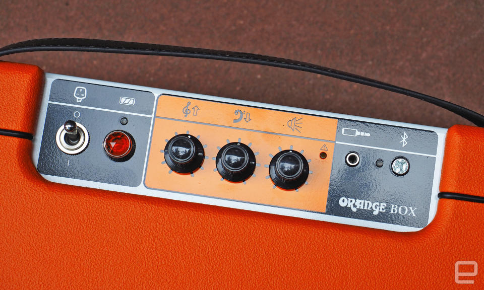 An overhead view of the Orange Amps - Orange Box Bluetooth speaker's control panel on the top.