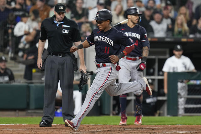 Chicago White Sox's Andrew Vaughn scores on a double by Gavin Sheets during  the fourth inning of a baseball game against the Kansas City Royals  Wednesday, Sept. 6, 2023, in Kansas City