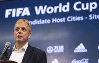 Colin Smith, FIFA chief tournaments & events officer, answers a question during a press conference Friday afternoon, Sept. 17, 2021 at Mercedes-Benz Stadium in Atlanta. Officials were touring the stadium as part of the FIFA World Cup 2026 Candidate Host City Tour. (AP Photo/Ben Gray)