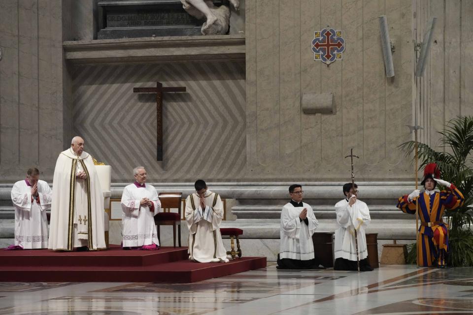 Pope Francis celebrates the Holy Chrism Mass in St. Peter's Basilica, at The Vatican, Thursday, March 28, 2024. (AP Photo/Gregorio Borgia)