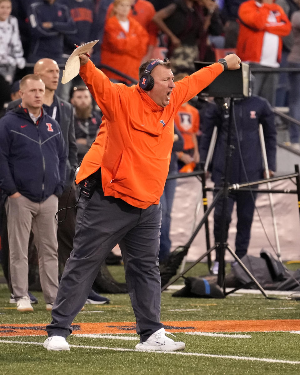 Illinois head coach Bret Bielema reacts during the second half of an NCAA college football game against Wisconsin, Saturday, Oct. 21, 2023, in Champaign, Ill. (AP Photo/Charles Rex Arbogast)