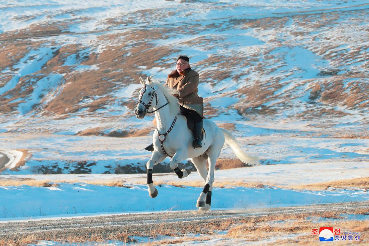 North Korean leader Kim Jong Un rode a white horse up Mount Paektu, according to the North Korean government.