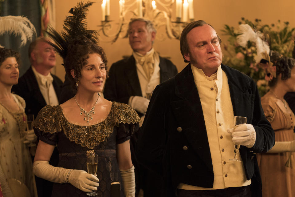 CORRECTS TITLE TO BELGRAVIA - This image released by Epix shows Tamsin Greig as Anne Trenchard, left, and Philip Glenister as James Trenchard in a scene from Julian Fellowes' latest series "Belgravia." (Colin Hutton/Carnival Films/Epix via AP)