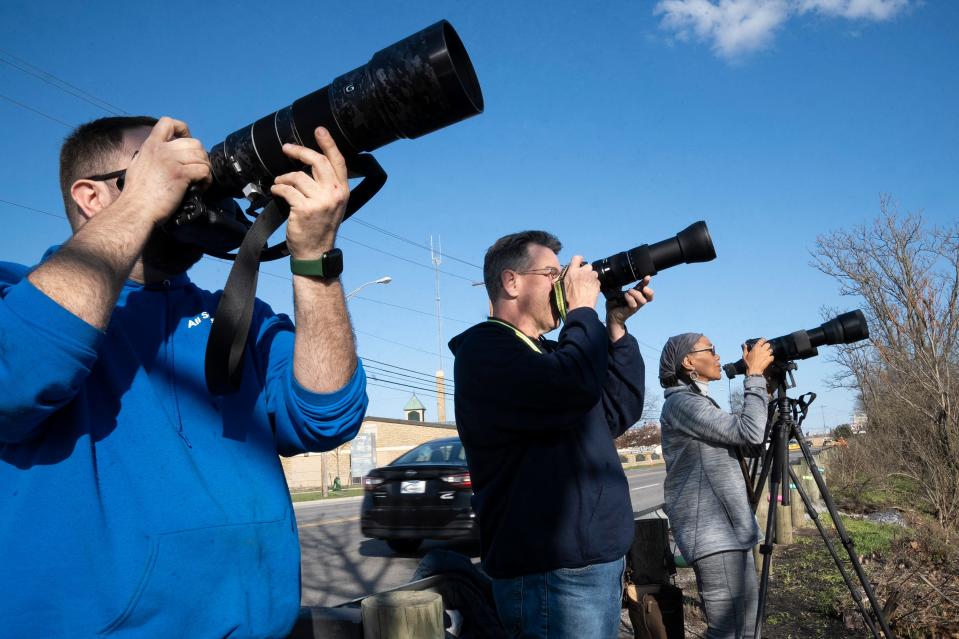From left: Zachary Amick, Jim White and Brazil Star watch the nest of bald eagles Annie, Apollo and their hatchlings near Dublin Road in April.