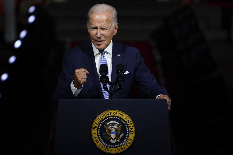 FILE - President Joe Biden speaks outside Independence Hall, Sept. 1, 2022, in Philadelphia. In the speech, Biden described democracy as “under assault” and pledged that it was the work of his presidency to defend it. But he also said the solution had to be bigger than him, that he can’t turn back what he sees as a years-long backslide in American political norms on his own. (AP Photo/Matt Slocum, File)