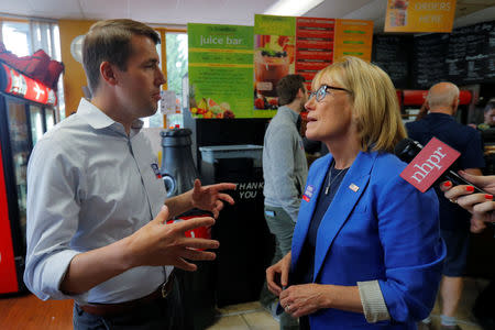 Democratic candidate for the U.S. Congress Chris Pappas is joined by U.S. Senator Maggie Hassan (D-NH) at a campaign stop at the Bridge Cafe ahead New Hampshire's primary election in Manchester, New Hampshire, U.S., September 10, 2018. REUTERS/Brian Snyder