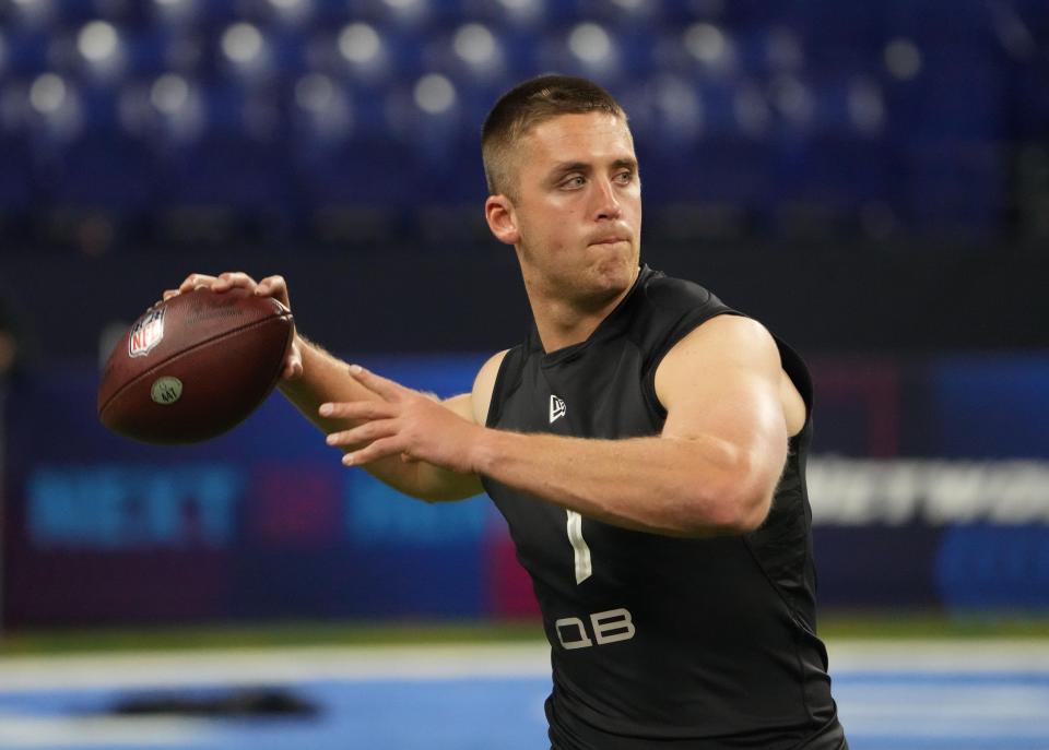 Mar 3, 2022; Indianapolis, IN, USA; Notre Dame quarterback Jack Coan (QB01) goes through drills during the 2022 NFL Scouting Combine at Lucas Oil Stadium. Mandatory Credit: Kirby Lee-USA TODAY Sports