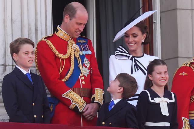<p>James Manning/PA Images via Getty</p> From left: Prince George, Prince William, Prince Louis, Kate Middleton and Princess Charlotte at Trooping the Colour on June 15, 2024
