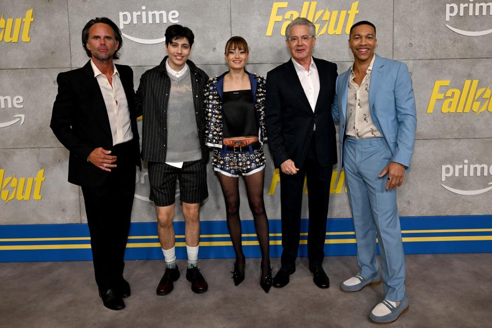 From left to right, "Fallout" stars Walton Goggins, Xelia Mendes-Jones, Ella Purnell, Kyle MacLachlan and Aaron Moten attend the UK Special Screening April 4 at White City Television Centre in London.