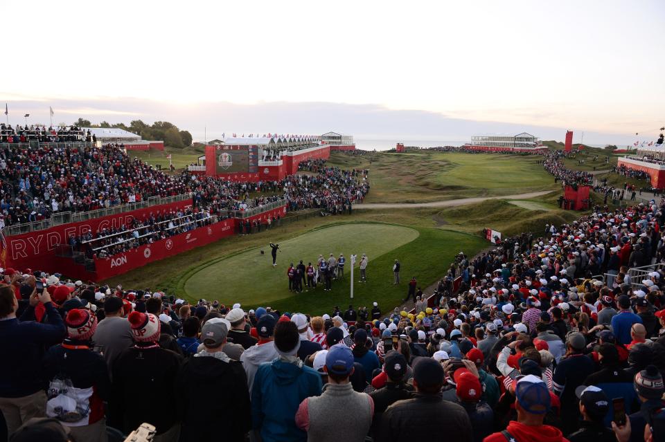 Team USA player Daniel Berger plays his shot from the first tee during Day 2 foursomes rounds for the 43rd Ryder Cup at Whistling Straits.