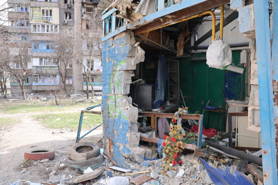 A building damaged by shelling in Mariupol.