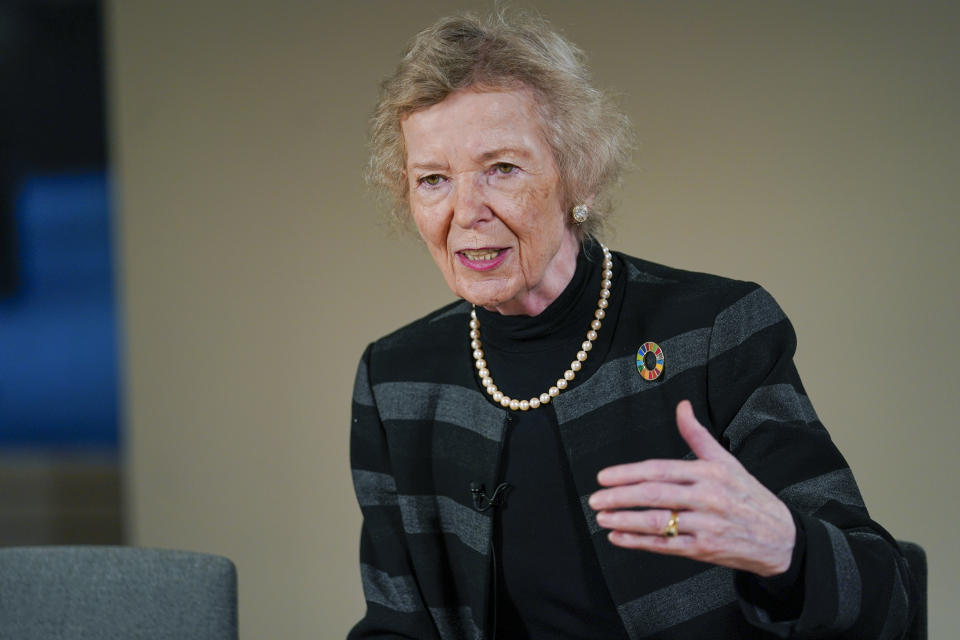 Mary Robinson speaks during an interview with The Associated Press, Friday, Nov. 4, 2022, in New York. (AP Photo/Mary Altaffer)