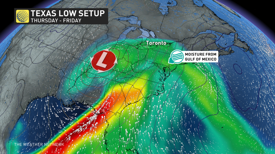 southern Ontario Texas low setup and gulf moisture April 8 2024