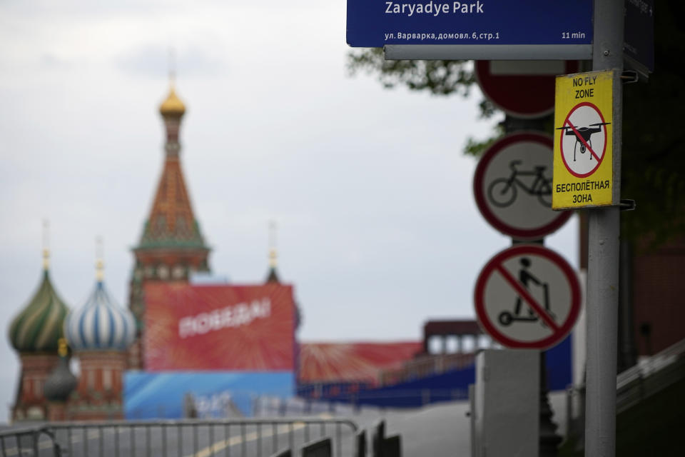 A 'No fly zone' sign is seen at the empty Red Square closed for Victory Parade preparation, next to the Moscow Kremlin, in Moscow, Russia, Wednesday, May 3, 2023. Russian authorities have accused Ukraine of attempting to attack the Kremlin with two drones overnight. The Kremlin on Wednesday decried the alleged attack attempt as a "terrorist act" and said Russian military and security forces disabled the drones before they could strike. (AP Photo/Alexander Zemlianichenko)