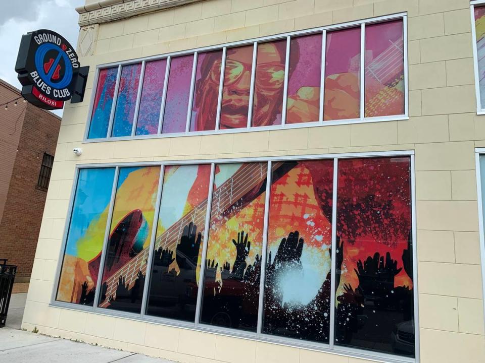 A blues mural covers the windows of Ground Zero Blues Club on Howard Avenue in Biloxi. A mural concert and fundraising concert are planned in downtown Biloxi Saturday.