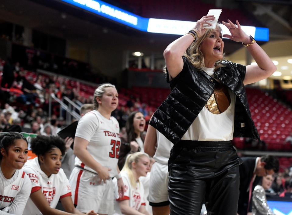 Texas Tech's head coach Krista Gerlich, far right, reacts to fouls called on her team at the Big 12 conference opener against Iowa State, Saturday, Dec. 31, 2022, at United Supermarkets Arena. Gerlich received a technical foul during this interaction.