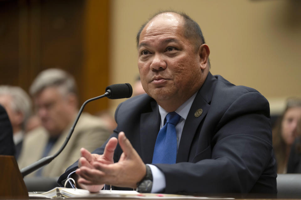 Leodoloff Asuncion, Jr., Chairman of the Hawaii Public Utilities Commission, appears before the House Committee on Energy and Commerce on Capitol Hill, Thursday, Sept. 28, 2023, in Washington. (AP Photo/Mark Schiefelbein)