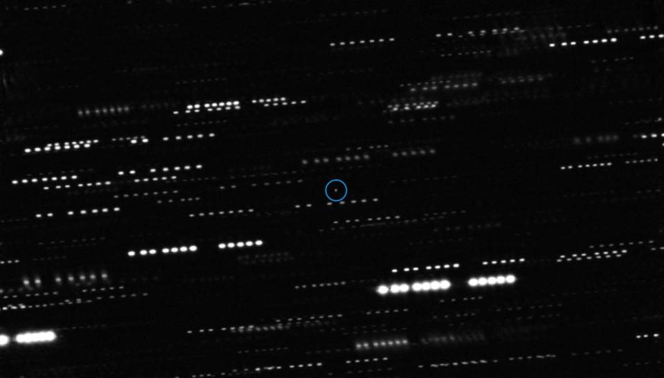 <div class="inline-image__caption"><p>A very deep combined image shows the interstellar asteroid ‘Oumuamua at the center of the picture. This image was created by combining multiple images from ESO’s Very Large Telescope as well as the Gemini South Telescope.</p></div> <div class="inline-image__credit">ESO/K. Meech et al.</div>