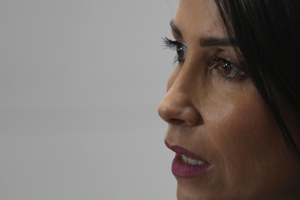 Luisa Gonzalez, presidential candidate with the Citizen´s Revolution Movement speaks during an interview with Associated Press, ahead of this Sunday's special election in Quito, Ecuador, Monday, Aug. 14, 2023. (AP Photo/Dolores Ochoa)