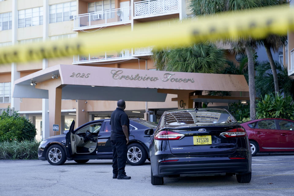 Police patrol outside of Crestview Towers, which was evacuated Friday after an audit prompted by the deadly collapse of Champlain Towers found the building structurally and electrical unsafe, Saturday, July 3, 2021, in North Miami Beach, Fla. (AP Photo/Lynne Sladky)