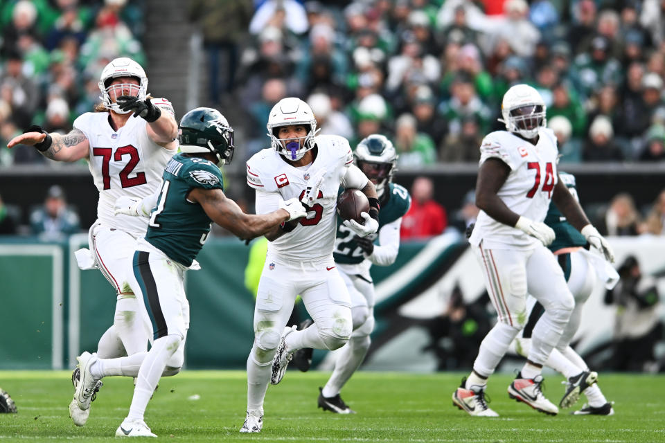 PHILADELPHIA, PA - DECEMBER 31: James Conner #6 of the Arizona Cardinals runs with the football during the second half against the Philadelphia Eagles at Lincoln Financial Field on December 31, 2023 in Philadelphia, Pennsylvania. (Photo by Kathryn Riley/Getty Images)