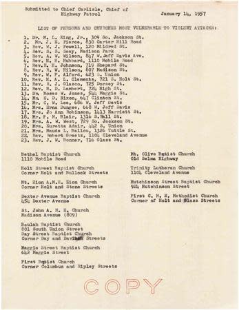 A list of names, including Martin Luther King Jr, from 1957 showing names and addresses of persons "most vulnerable to violent attacks" is seen in an undated handout photo from Heritage Auctions released to Reuters October 8, 2013. The list is among 39 rare items being auctioned by King's personal secretary Maude Ballou on October 17. REUTERS/Heritage Auctions/Handout