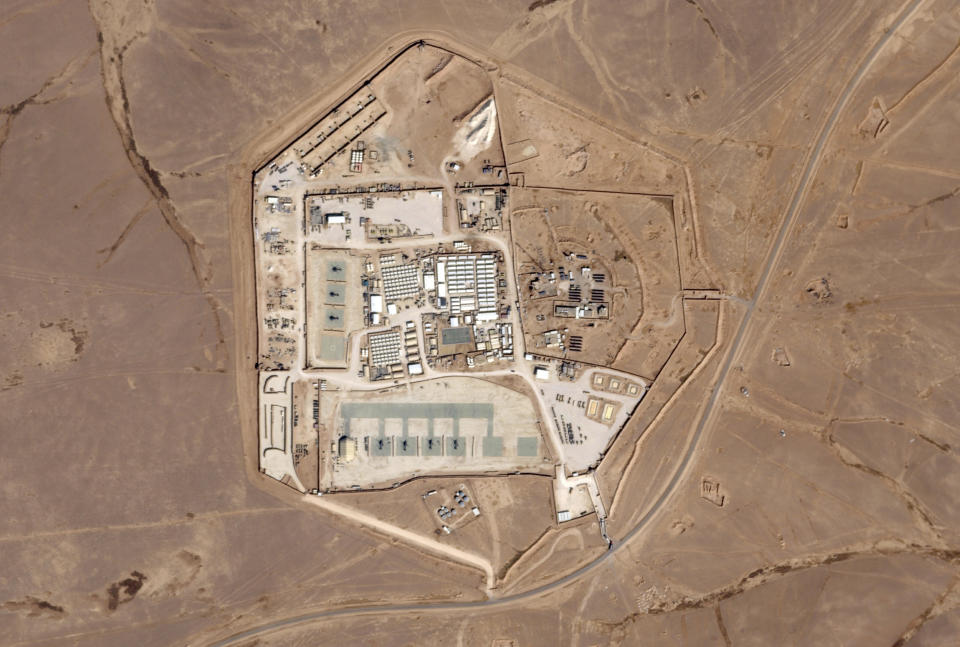 This satellite photo from Planet Labs PBC shows the military base known as Tower 22 in northeastern Jordan, on Oct. 12, 2023. U.S. officials said it was the site of a drone strike on Jan. 28, 2024, that killed 3 American troops and wounded dozens more. / Credit: Planet Labs PBC / AP