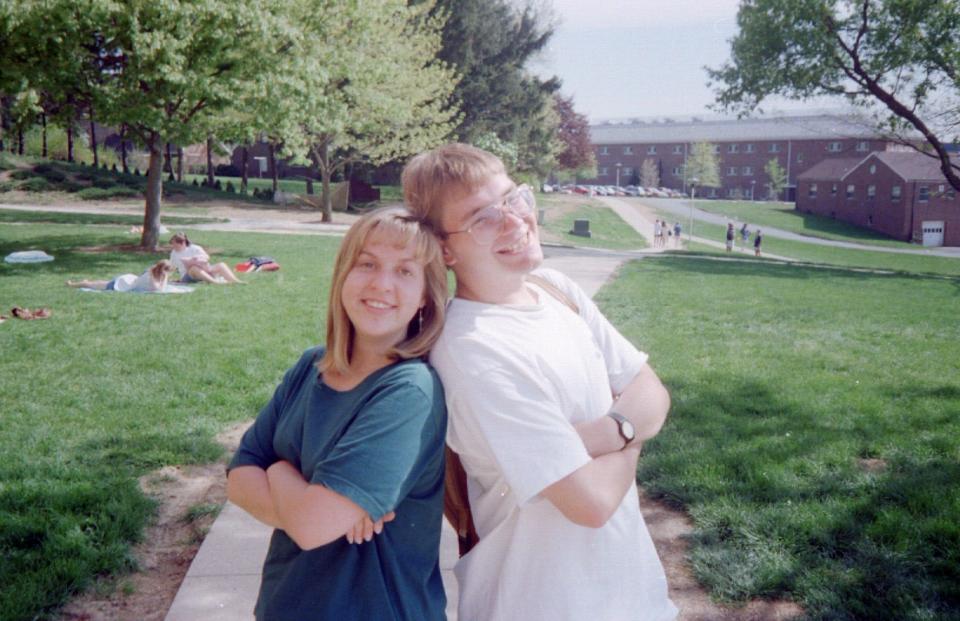 Megan and Dominique Benninger met as students at Messiah College when she was a freshman and he was a sophomore. They are pictured here on campus in 1994, shortly after they started dating.