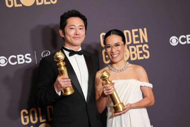 Steven Yeun and Ali Wong at the 81st Golden Globe Awards held at the Beverly Hilton Hotel on January 7, 2024 in Beverly Hills, California. - Credit: John Salangsang/Golden Globes 2024