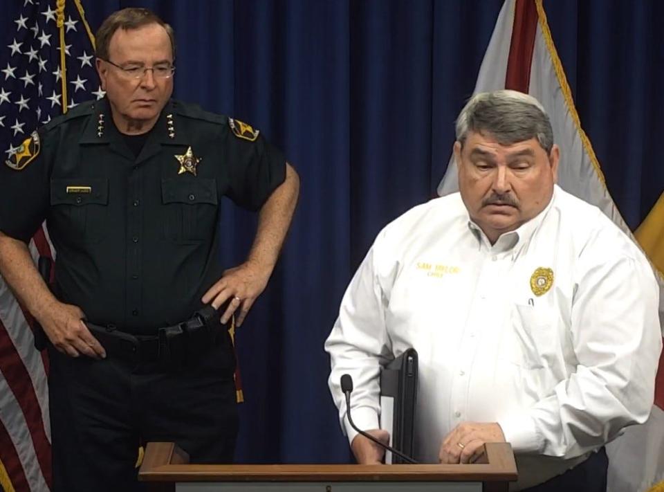 Lakeland Police Chief Sam Taylor, right, and Polk County Sheriff Grady Judd discussed the arrests of three teens Thursday, a day after a shootout that wounded a Lakeland police officer.