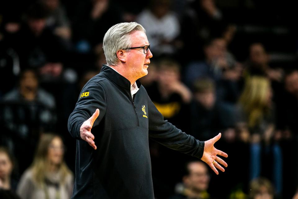 Iowa head coach Fran McCaffery reacts during a NCAA Big Ten Conference men’s basketball game against Nebraska, Sunday, March 5, 2023, at Carver-Hawkeye Arena in Iowa City, Iowa.<br>230305 <a class="link " href="https://sports.yahoo.com/ncaaw/teams/nebraska/" data-i13n="sec:content-canvas;subsec:anchor_text;elm:context_link" data-ylk="slk:Nebraska;sec:content-canvas;subsec:anchor_text;elm:context_link;itc:0">Nebraska</a> Iowa Mbb 039 Jpg