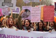 <p>Demonstrators hold banners and shout slogans during a rally to mark International Women’s Day in Ankara, Turkey, March 8, 2018. (Photo: Umit Bektas/Reuters) </p>