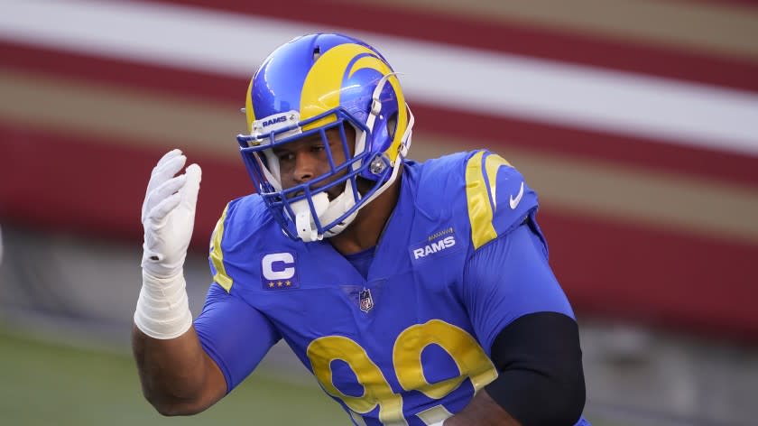 Los Angeles Rams defensive end Aaron Donald (99) before an NFL football gameagainst the San Francisco 49ers in Santa Clara, Calif., Sunday, Oct. 18, 2020. (AP Photo/Tony Avelar)