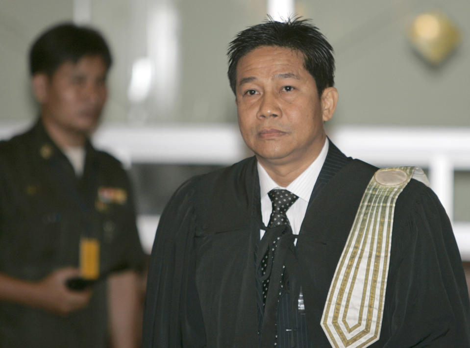 FILE- Pichit Chuenban, lawyer of former Prime Miniser Thaksin Shinawatra, is seen in Bangkok, Thailand, Jan. 23, 2008. Thailand’s Constitutional Court on Thursday, May 23, 2024, accepted a petition from members of the country’s outgoing Senate to consider suspending Prime Minister Srettha Thavisin from office over his appointment of Chuenban as Cabinet Minister. The court ruled that Chuenban's appointment as Minister of the Prime Minister’s Office was in violation of section 160 of the constitution, which bars those who have been sentenced to imprisonment or those who fail to comply with “ethical standards.”(AP Photo/Apichart Weerawong, File)