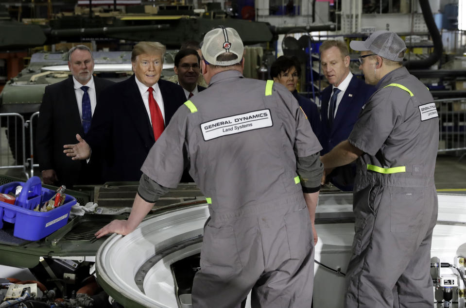 President Donald Trump takes a tour of the Lima Army Tank Plant, Wednesday, March 20, 2019, in Lima, Ohio. (AP Photo/Evan Vucci)