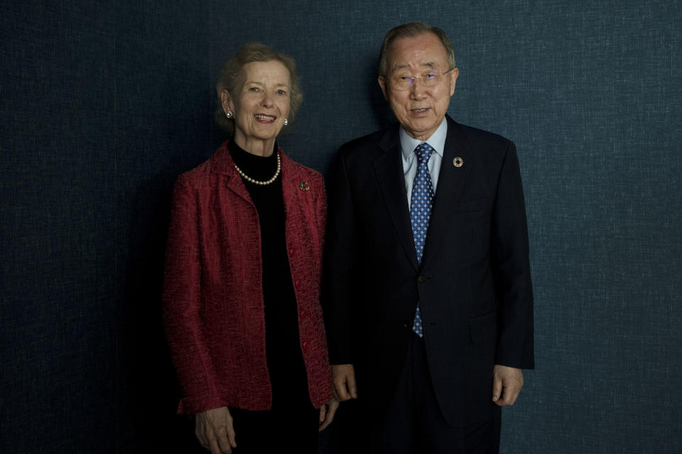 Chair of The Elders Mary Robinson, the first woman President of Ireland, left, and Ban Ki-moon, former UN Secretary-General, right, Deputy Chair of The Elders, pose for a portrait in Tel Aviv, Israel, Thursday, June 22, 2023. Israel is inching toward apartheid and drifting further away from the hopes of creating a Palestinian state alongside it, Ban told The Associated Press Thursday on a visit to the region. (AP Photo/Maya Alleruzzo)