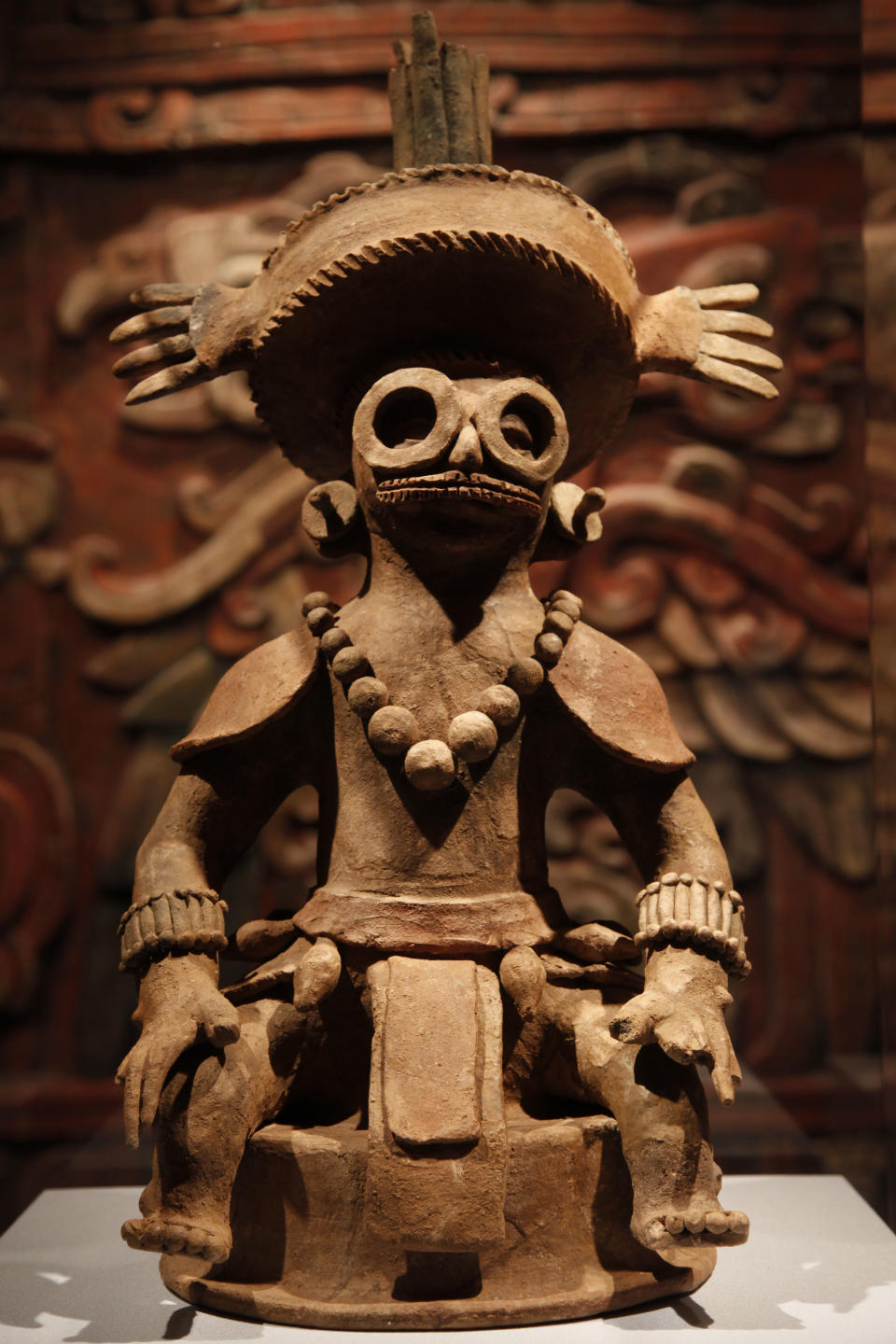 A ceramic Censer Lid with Founder Portrait is shown at the Maya 2012: Lords of Time exhibit at the University of Pennsylvania Museum of Archaeology and Anthropology Thursday, May 3, 2012, in Philadelphia. The exhibit is scheduled to open May 5. (AP Photo/Matt Rourke)