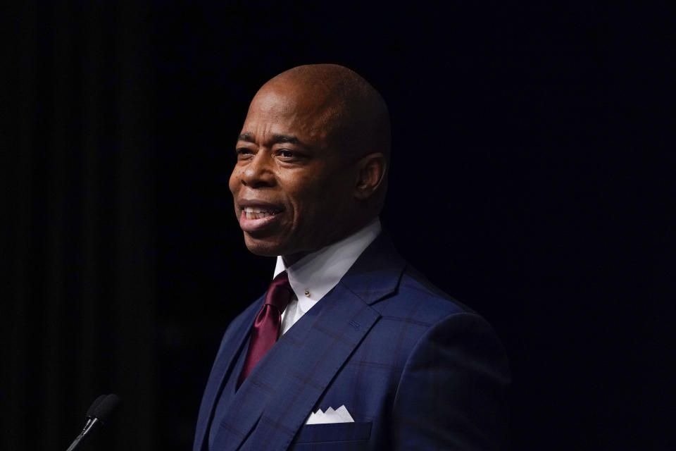 New York City Mayor Eric Adams speaks during the New York State Democratic Convention in New York, Thursday, Feb. 17, 2022. (AP Photo/Seth Wenig)