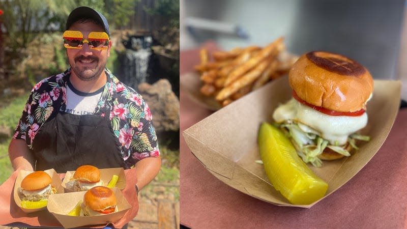 Left: Evan LeRoy with the burgers. Right: The smoked and seared Cheeseburger in Paradise. 