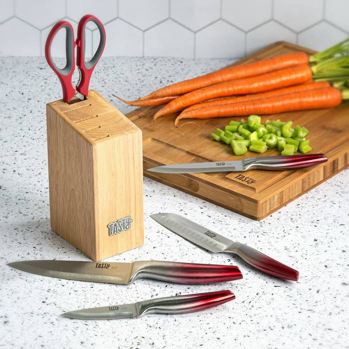 Knives and a block on a counter