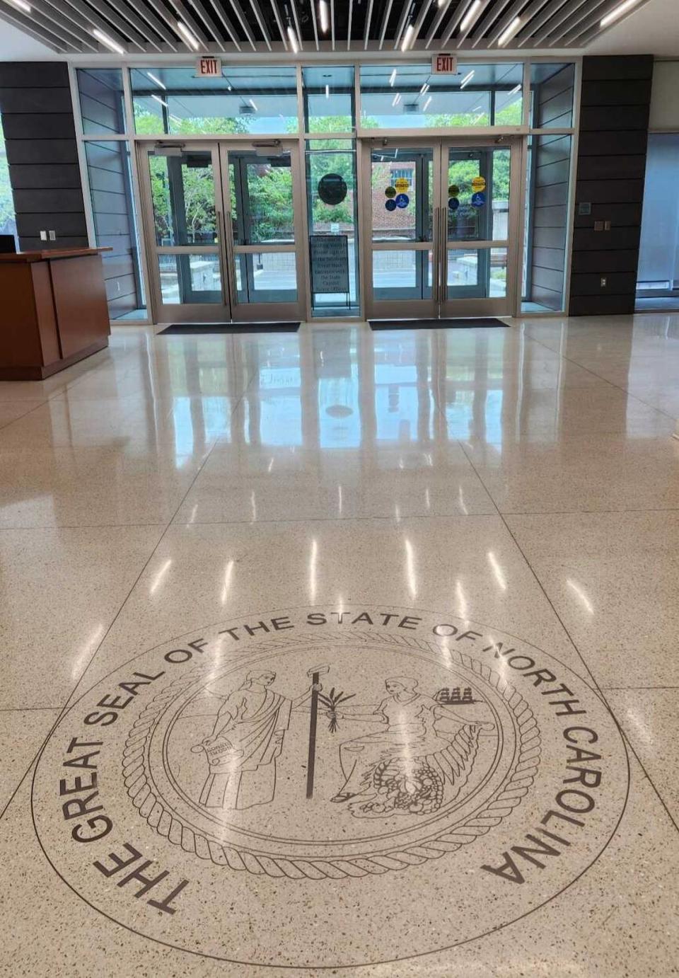 The North Carolina state seal is part of the floor of the Albemarle Building at 325 N. Salisbury St. in downtown Raleigh, which includes the offices for the governor.